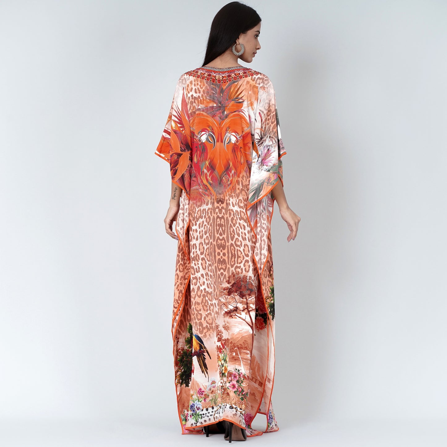Burnt Orange and Brown Animal Print Embellished Silk Full Length Kaftan