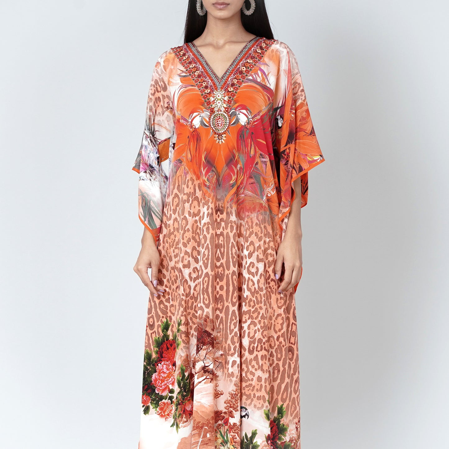 Burnt Orange and Brown Animal Print Embellished Silk Full Length Kaftan