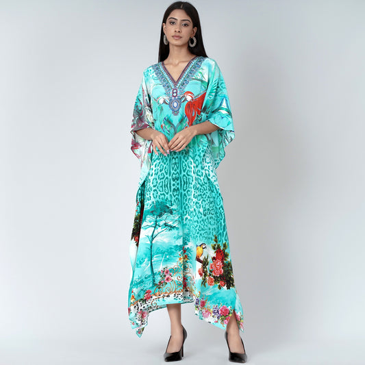 Turquoise Animal Print Embellished Silk Full Length Kaftan