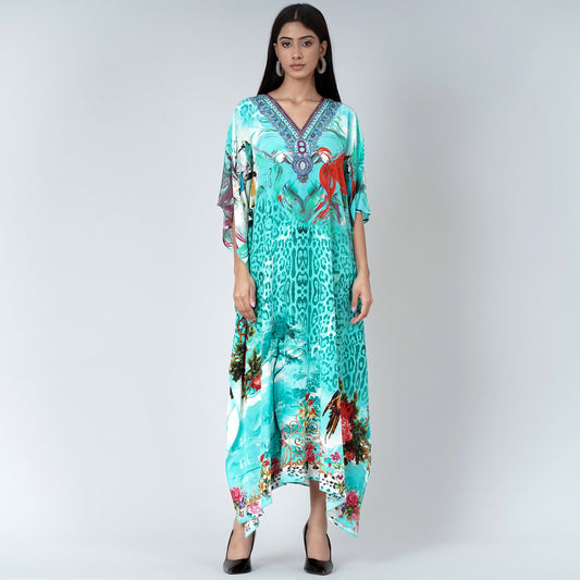 Turquoise Animal Print Embellished Silk Full Length Kaftan