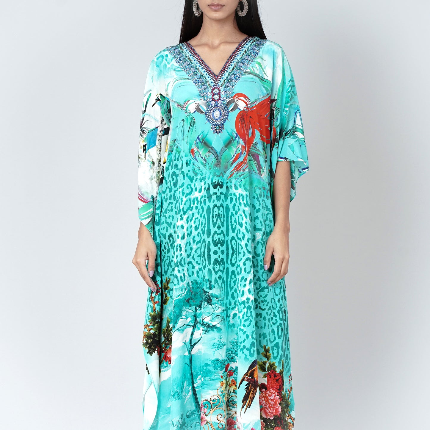 Turquoise Animal Print Embellished Silk Full Length Kaftan