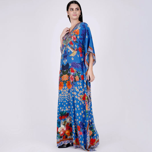 Blue and Orange Floral Print Embellished Silk Full Length Kaftan