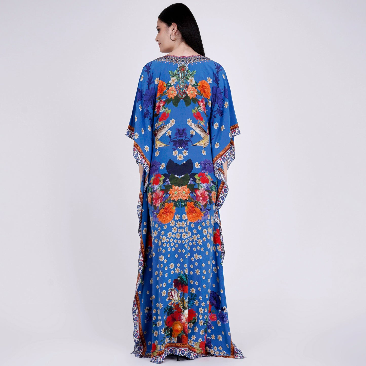 Blue and Orange Floral Print Embellished Silk Full Length Kaftan