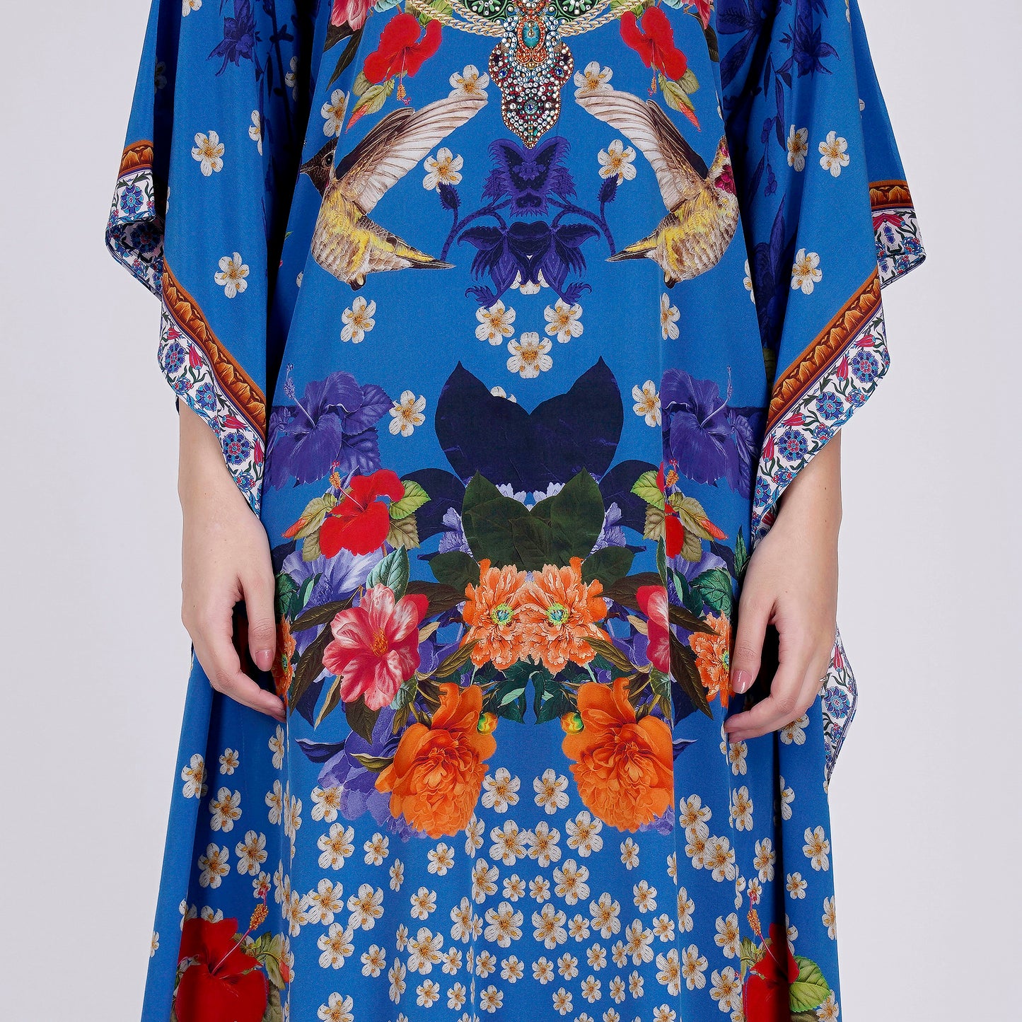 Blue and Orange Floral Print Embellished Silk Full Length Kaftan