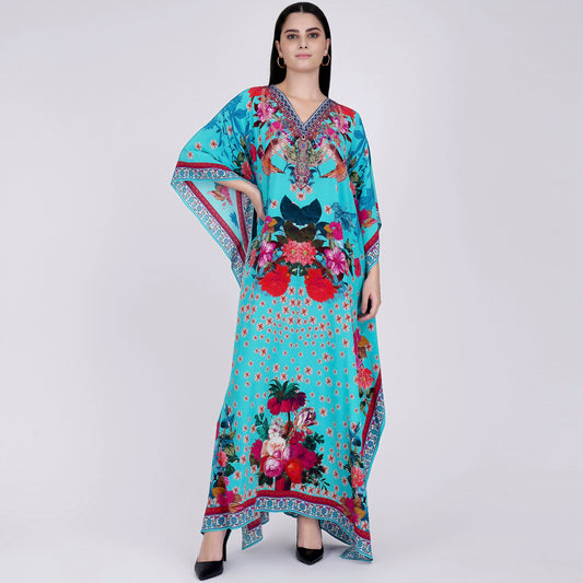 Blue and Pink Floral Print Embellished Silk Full Length Kaftan