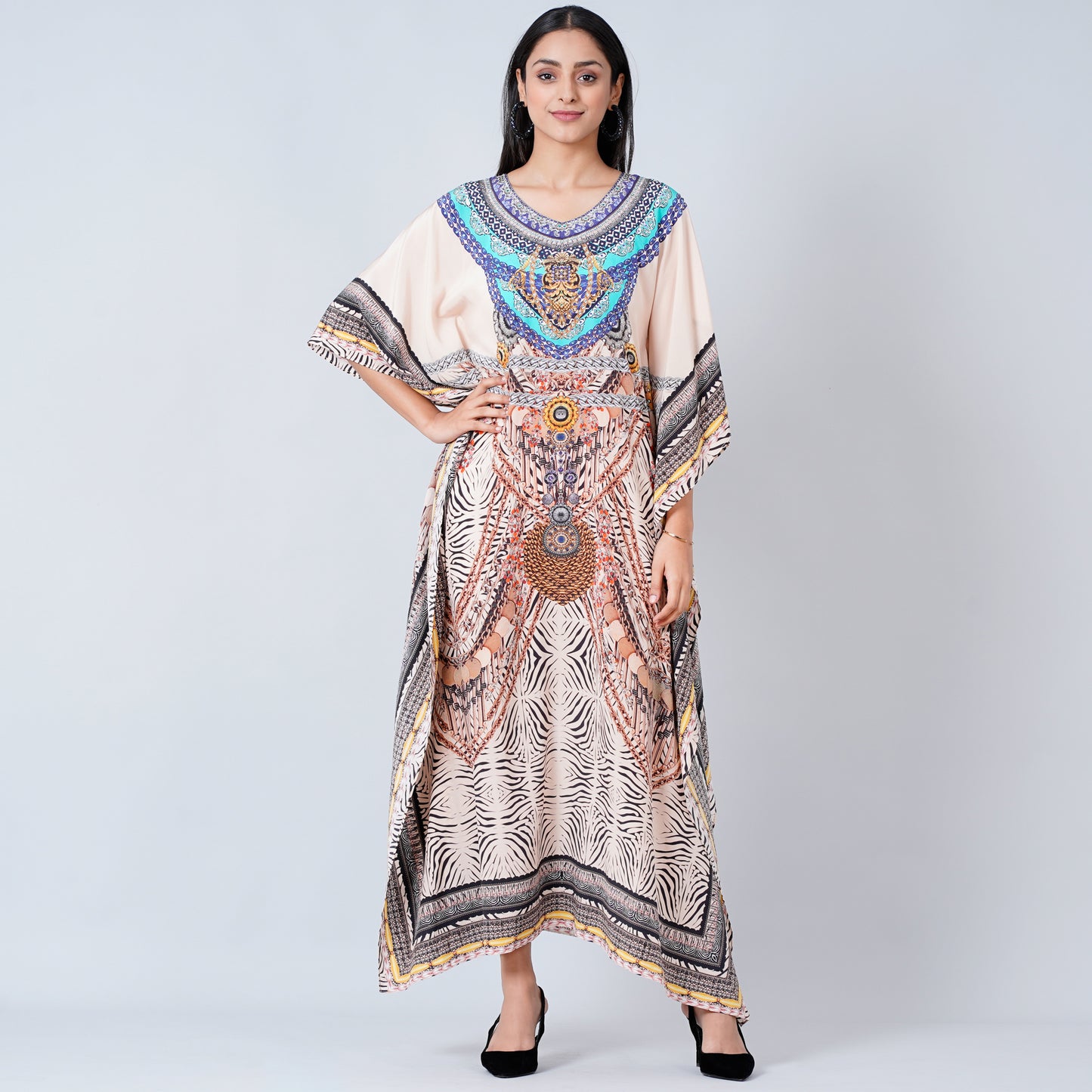 Beige Zebra Print Embellished Silk Full Length Kaftan