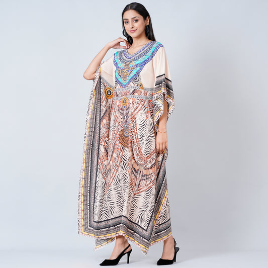 Beige Zebra Print Embellished Silk Full Length Kaftan