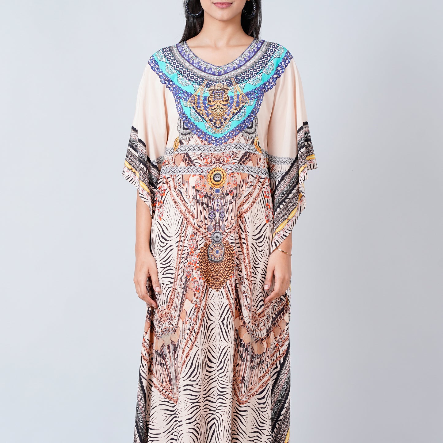 Beige Zebra Print Embellished Silk Full Length Kaftan