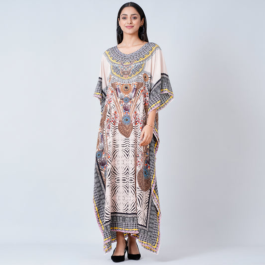 Grey Zebra Print Embellished Silk Full Length Kaftan