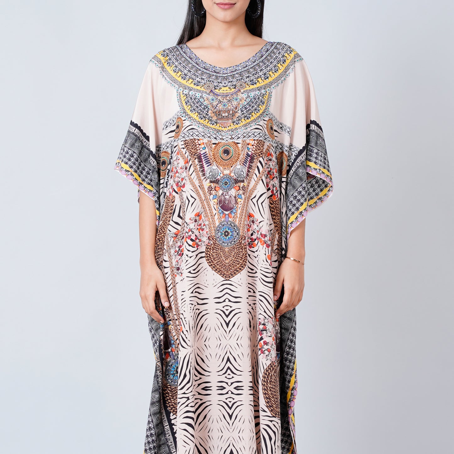 Grey Zebra Print Embellished Silk Full Length Kaftan