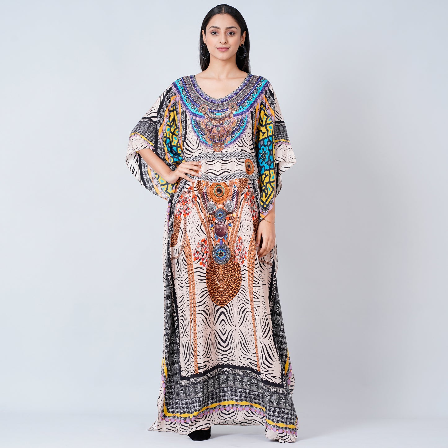 Beige and Black Zebra Animal Print Embellished Silk Full Length Kaftan