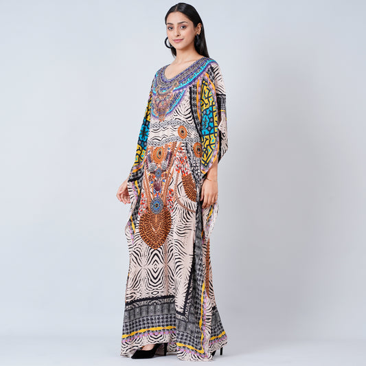Beige and Black Zebra Animal Print Embellished Silk Full Length Kaftan