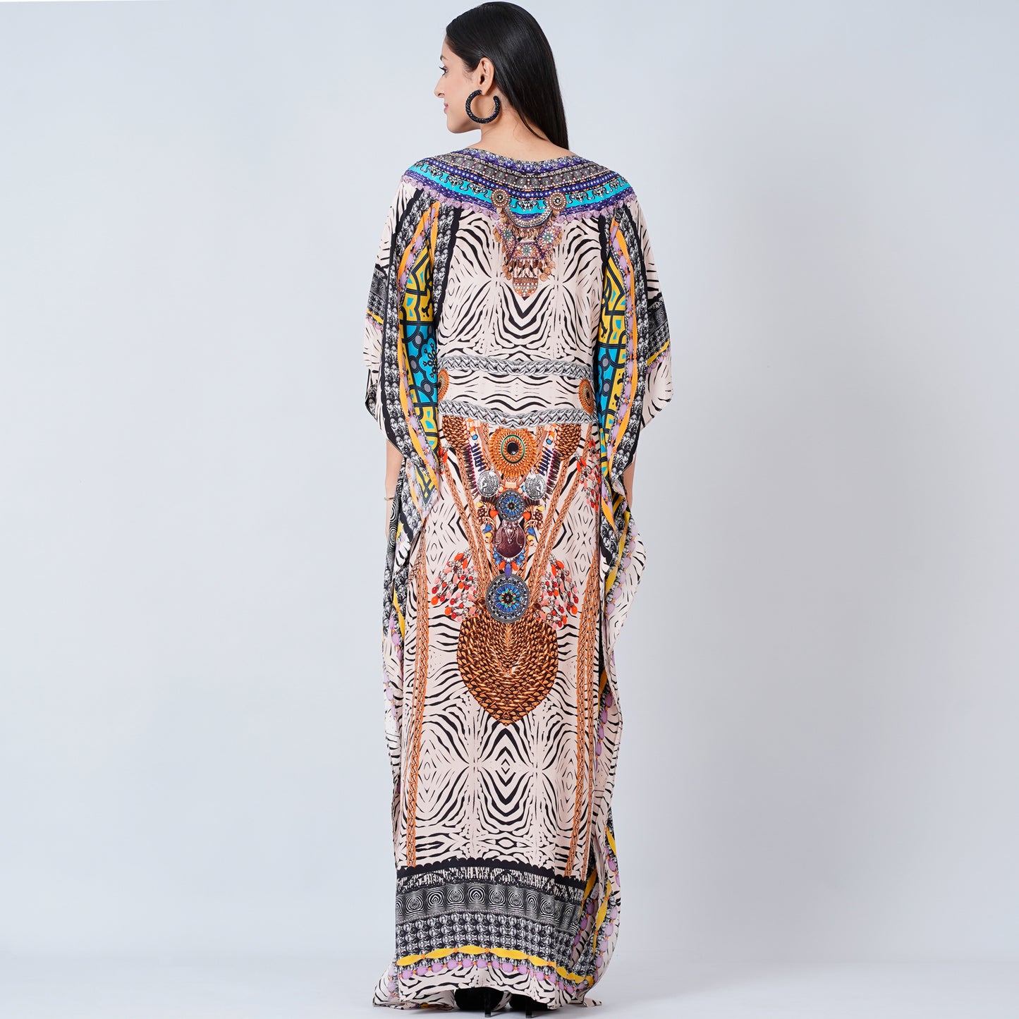 Beige and Black Zebra Animal Print Embellished Silk Full Length Kaftan