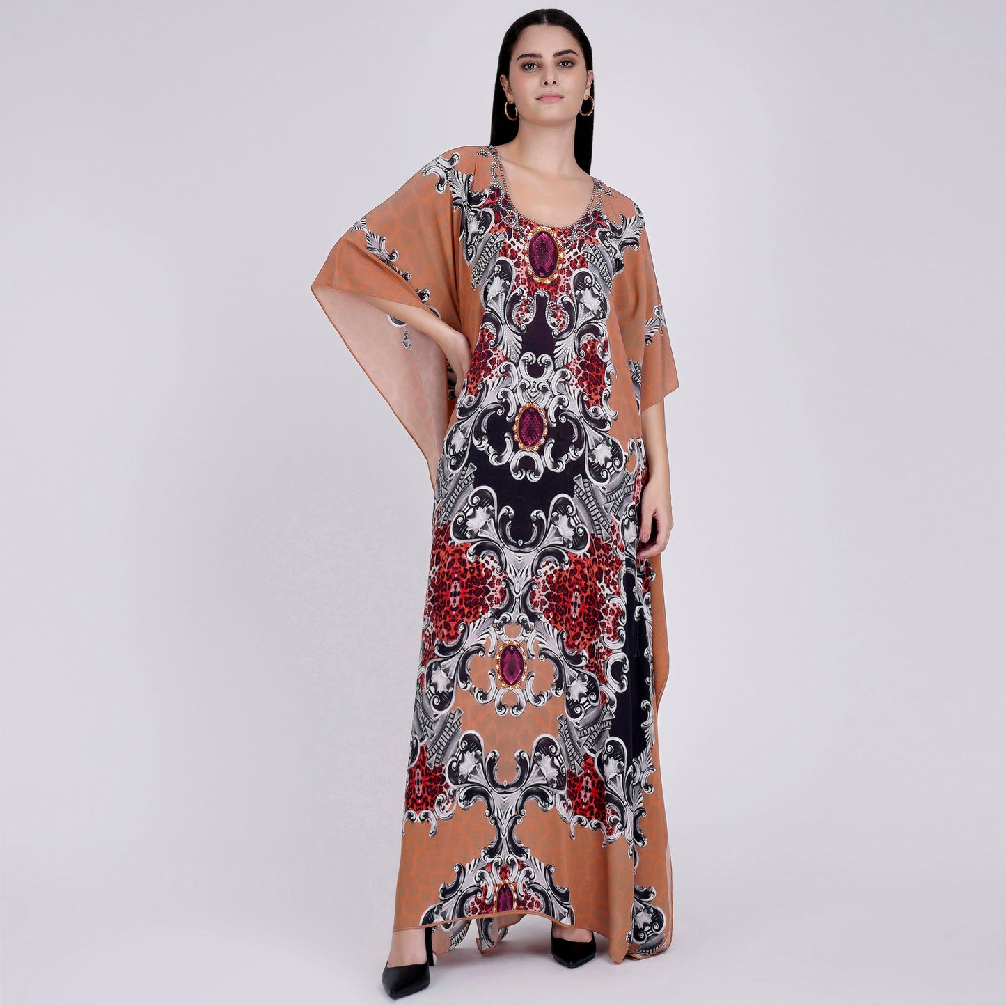 Peach and Black Baroque Print Embellished Silk Full Length Kaftan