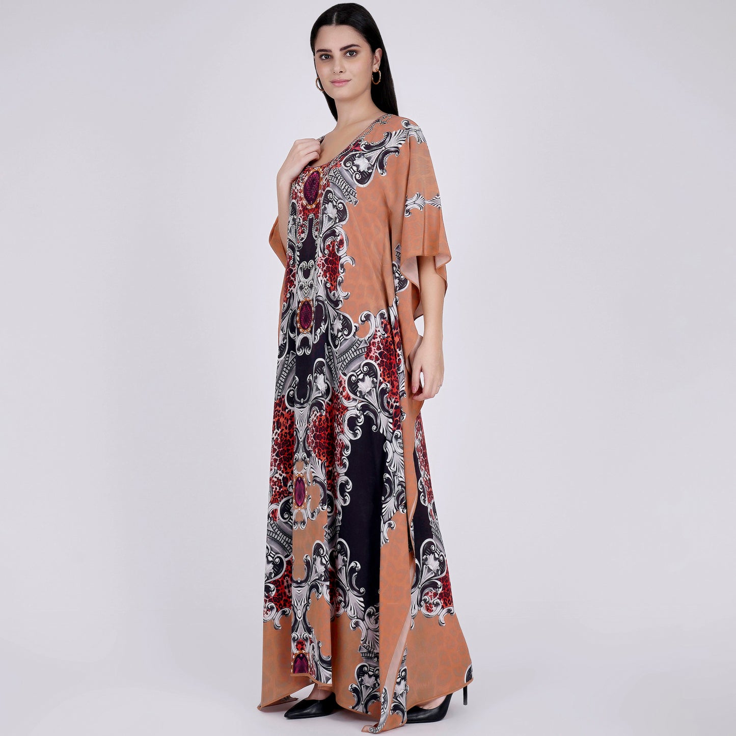 Peach and Black Baroque Print Embellished Silk Full Length Kaftan