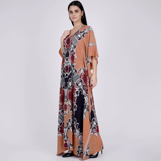 Peach and Black Baroque Print Embellished Silk Full Length Kaftan