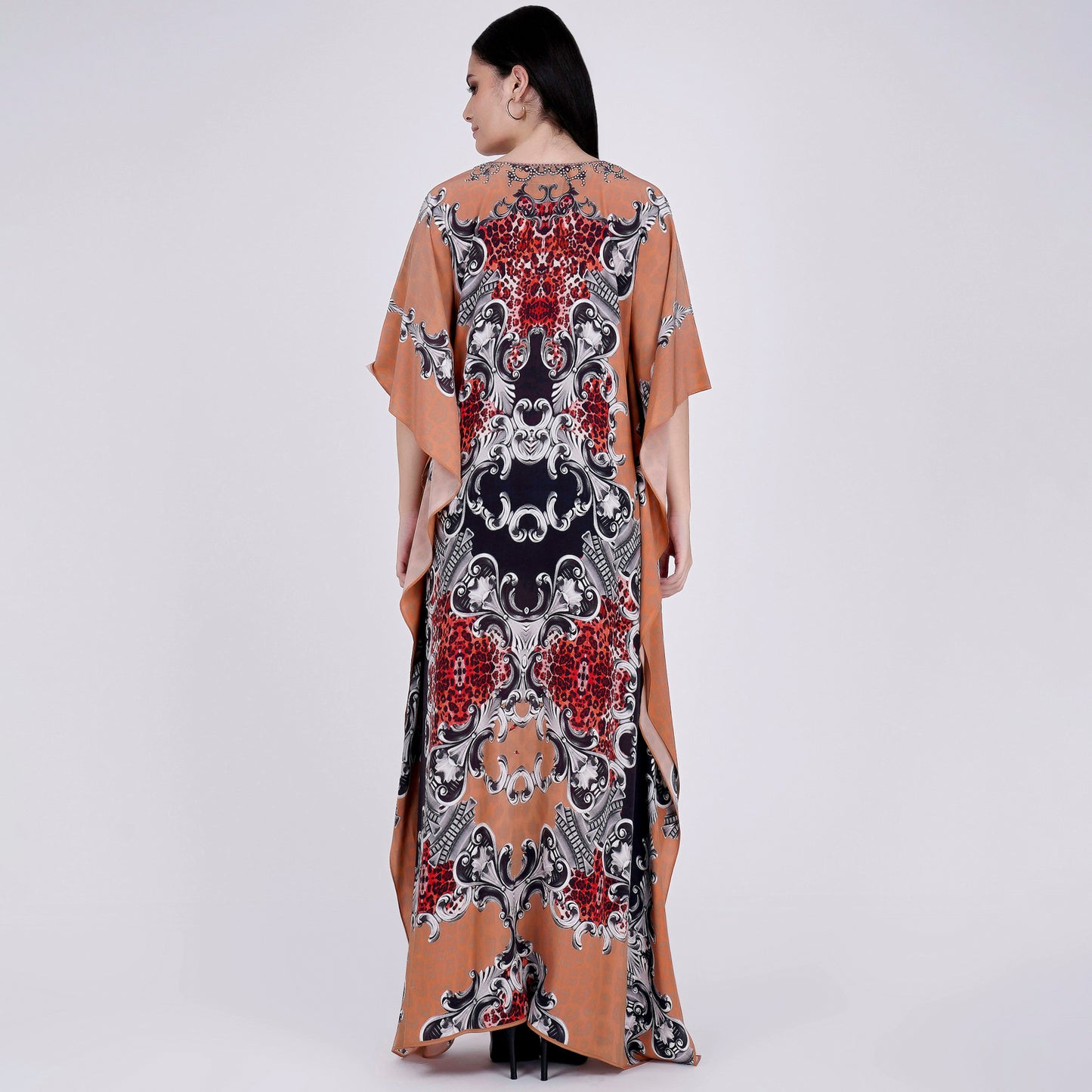 Peach and Black Baroque Print Embellished Silk Full Length Kaftan