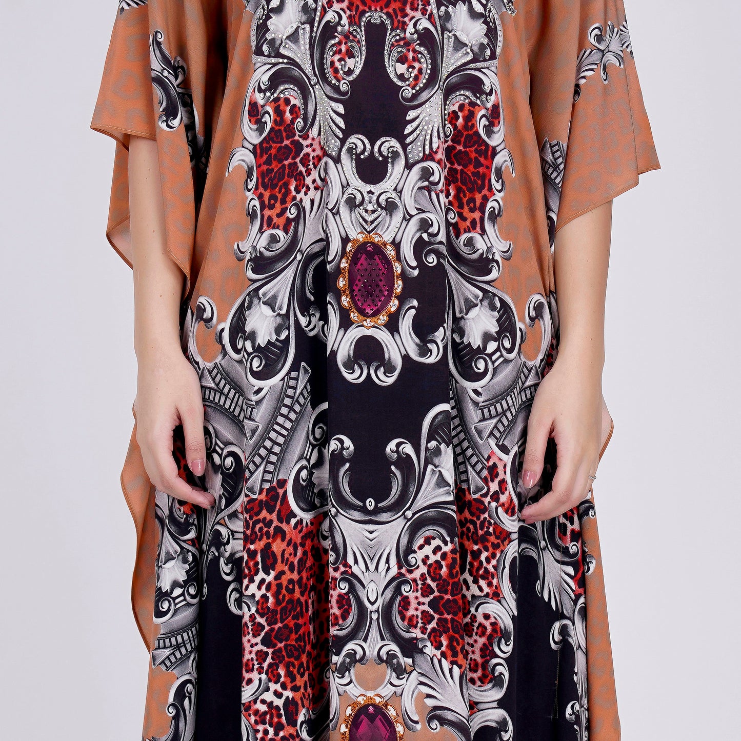 Peach and Black Baroque Print Embellished Silk Full Length Kaftan