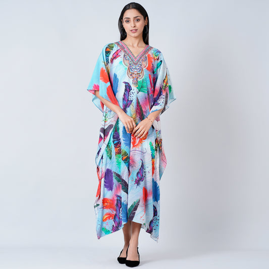 Multicoloured Feather Print Embellished Silk Full Length Kaftan