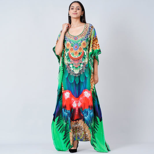 Green and Blue Tribal Embellished Silk Full Length Kaftan