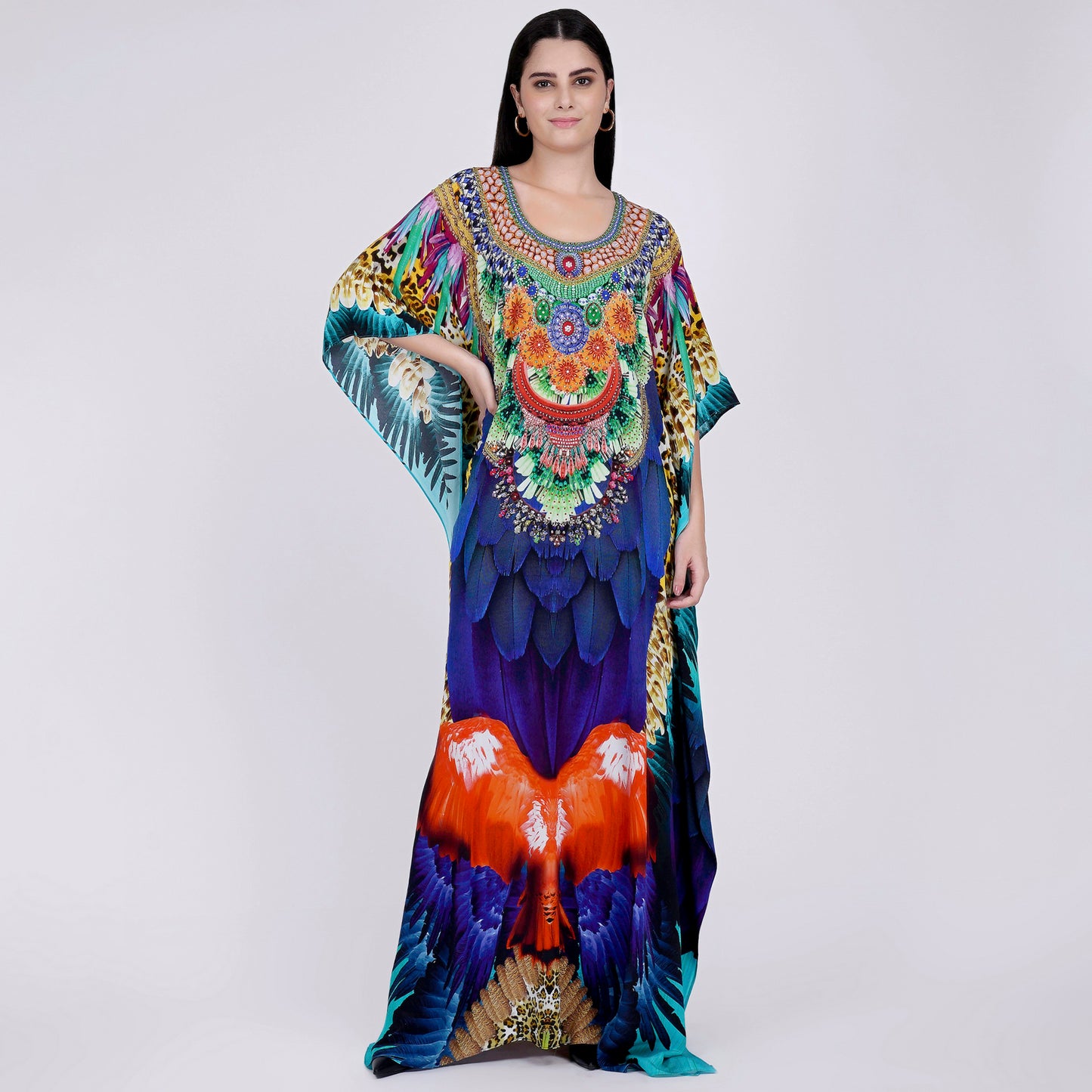 Yellow and Blue Tribal Embellished Silk Full Length Kaftan