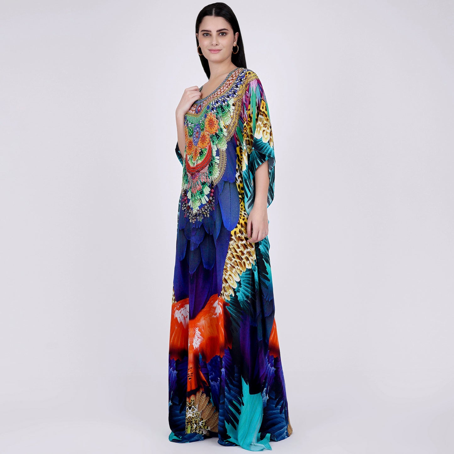 Yellow and Blue Tribal Embellished Silk Full Length Kaftan