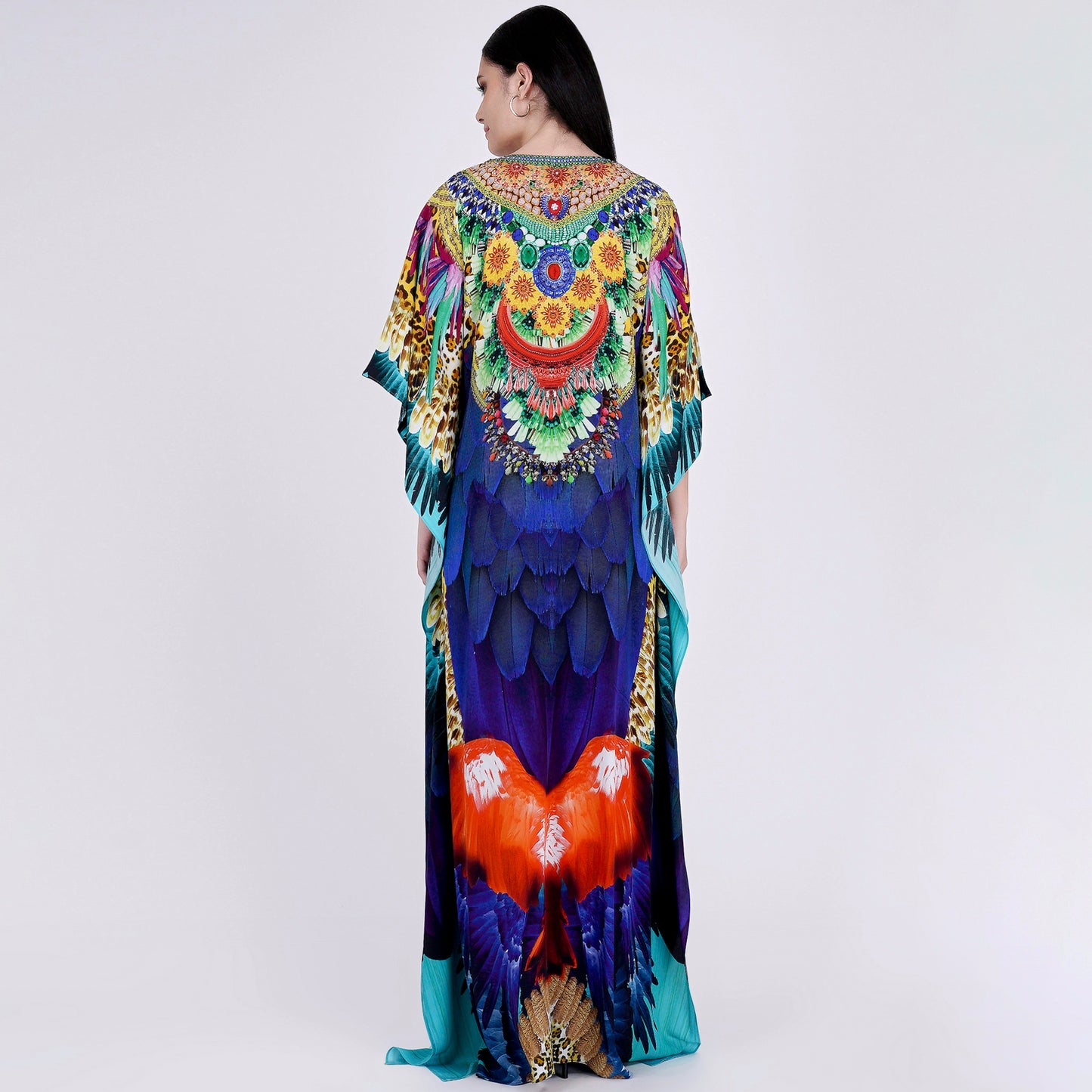 Yellow and Blue Tribal Embellished Silk Full Length Kaftan