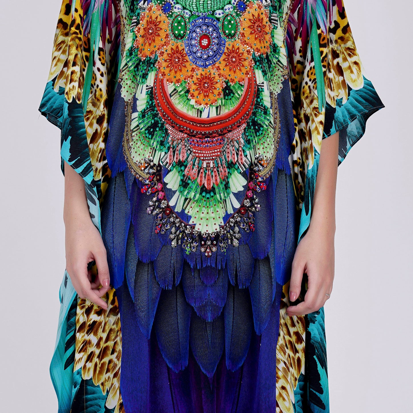Yellow and Blue Tribal Embellished Silk Full Length Kaftan