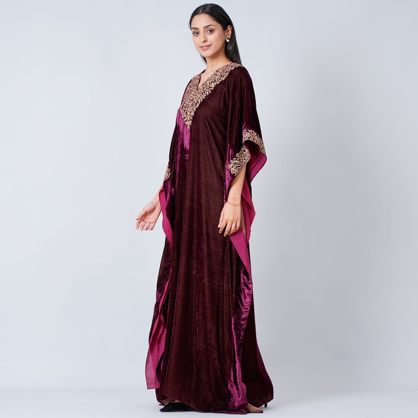 Maroon Embroidered Silk Velvet Full Length Kaftan
