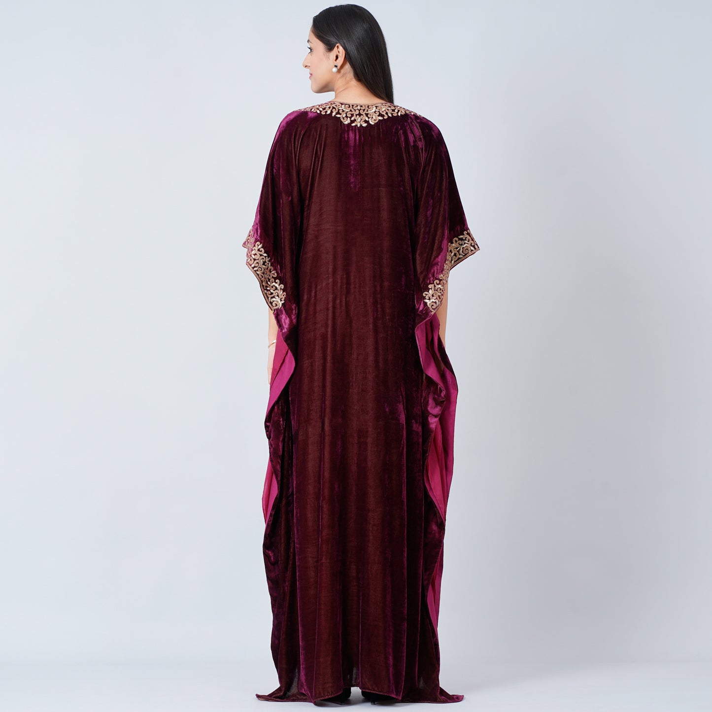 Maroon Embroidered Silk Velvet Full Length Kaftan