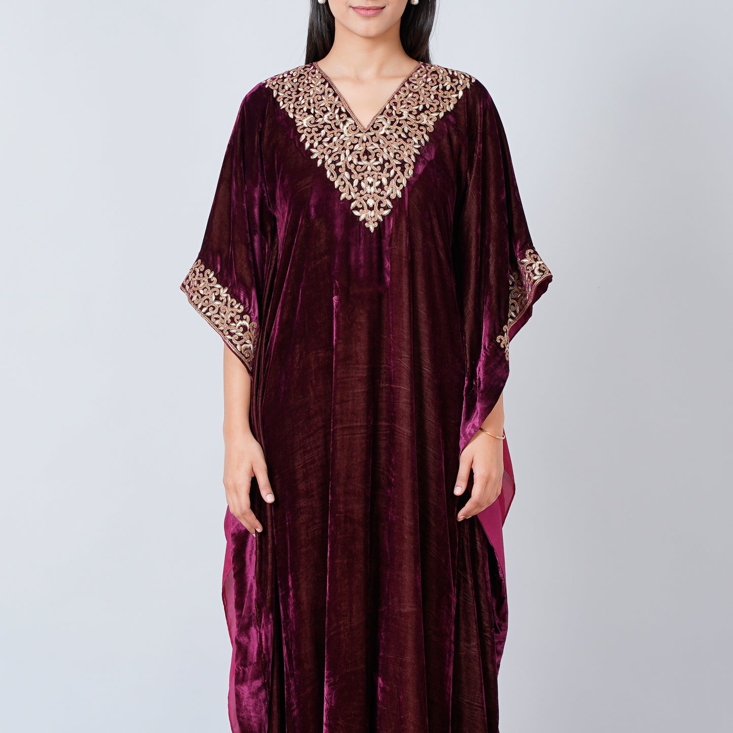 Maroon Embroidered Silk Velvet Full Length Kaftan
