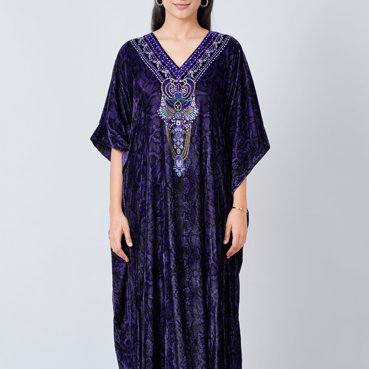 Purple Crystal Embellished Silk Velvet Full Length Kaftan
