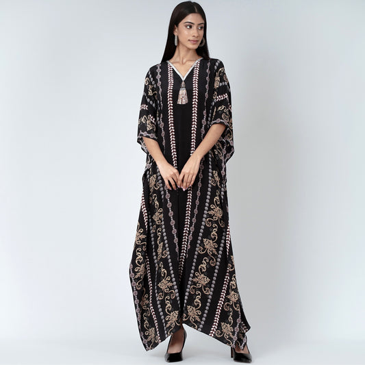 Black and Grey Silk Full Length Kaftan