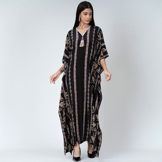Black and Grey Silk Full Length Kaftan