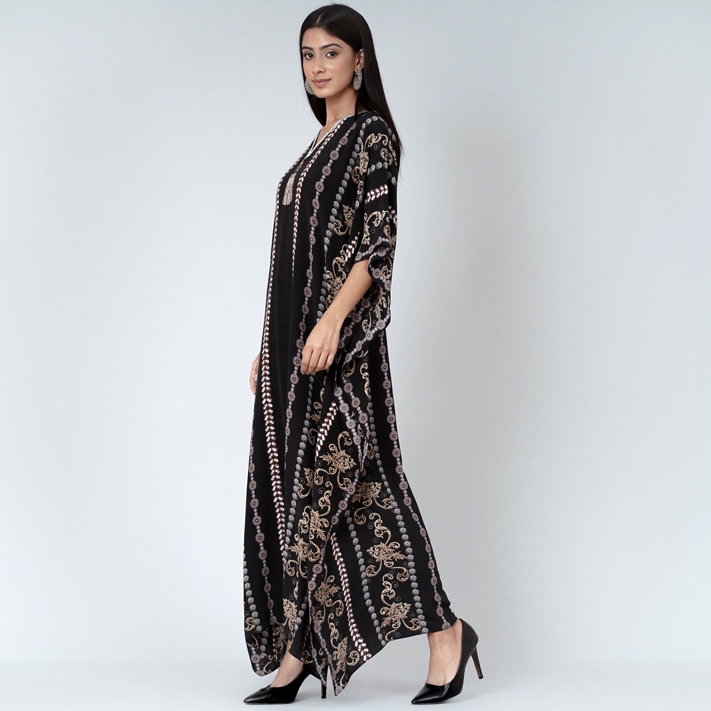 Black and Grey Silk Full Length Kaftan