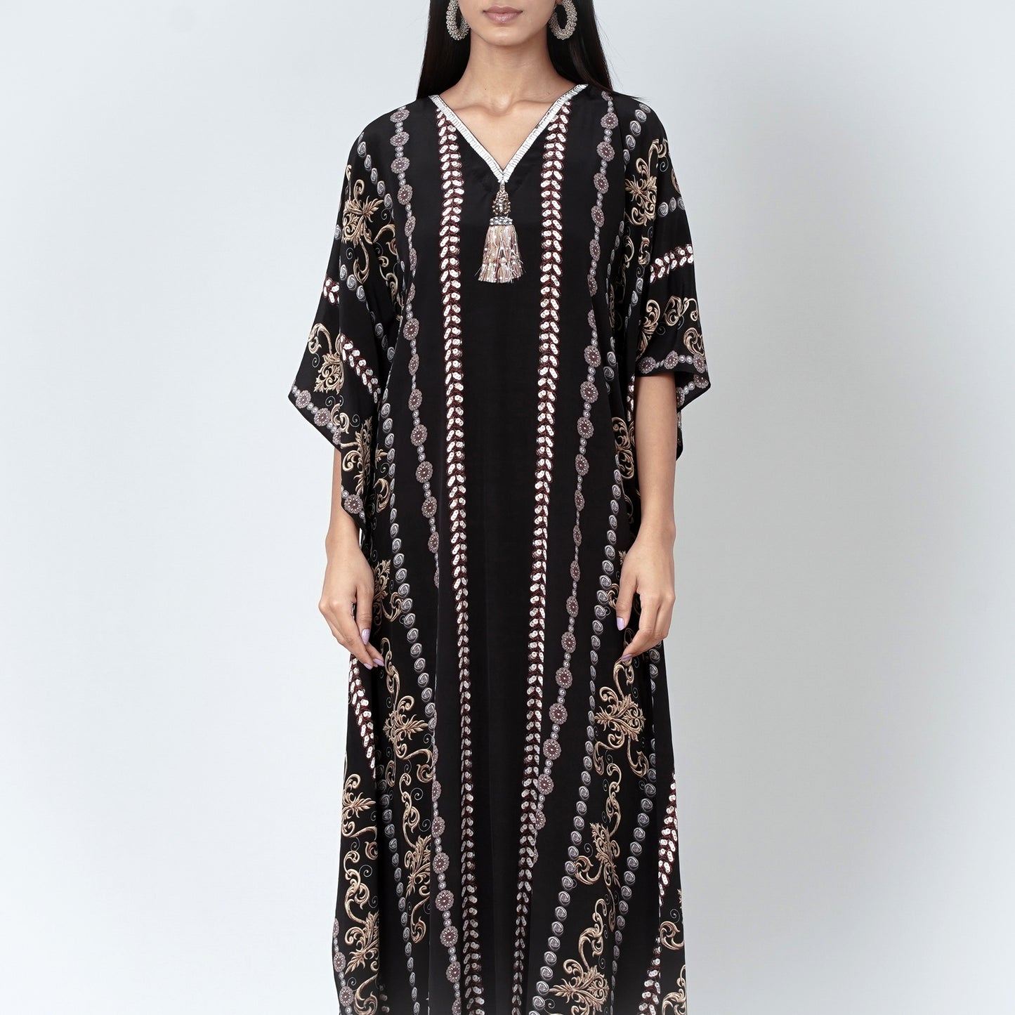 Black and Grey Silk Full Length Kaftan