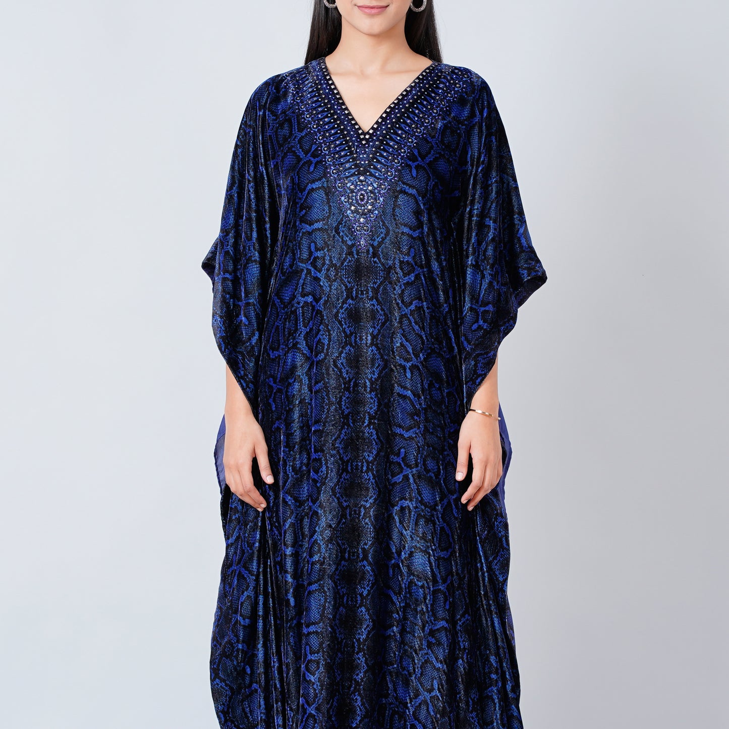 Blue Animal Print Embellished Silk Velvet Full Length Kaftan