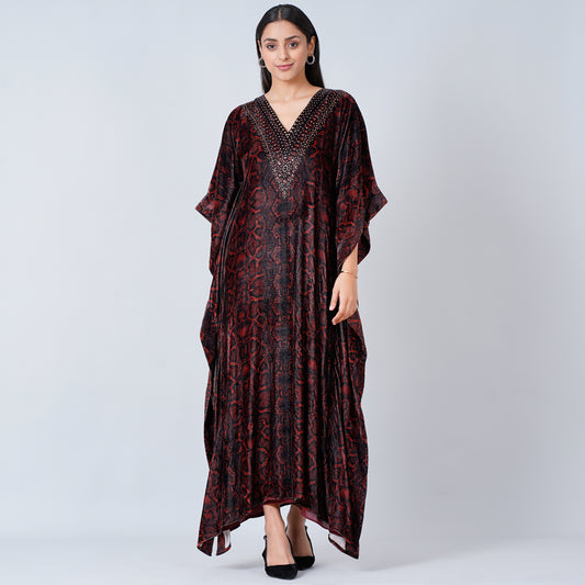 Brown Animal Print Embellished Silk Velvet Full Length Kaftan
