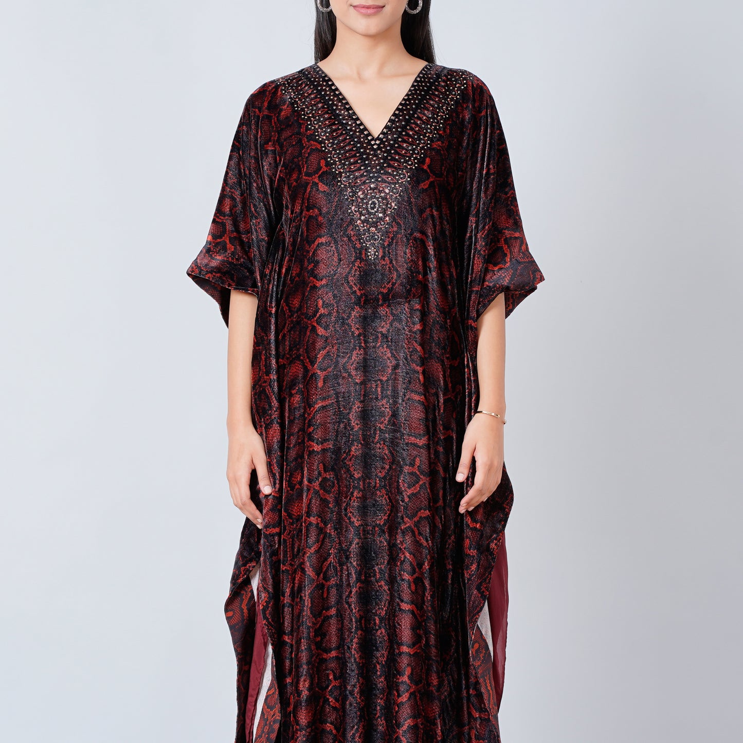 Brown Animal Print Embellished Silk Velvet Full Length Kaftan