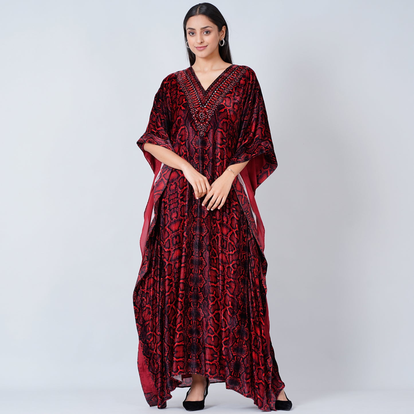Red Animal Print Embellished Silk Velvet Full Length Kaftan