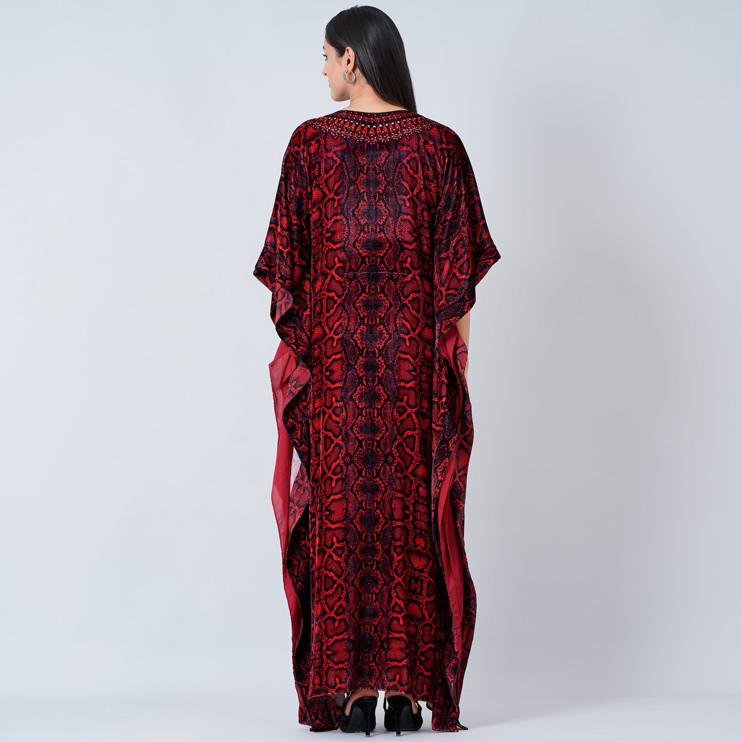 Red Animal Print Embellished Silk Velvet Full Length Kaftan
