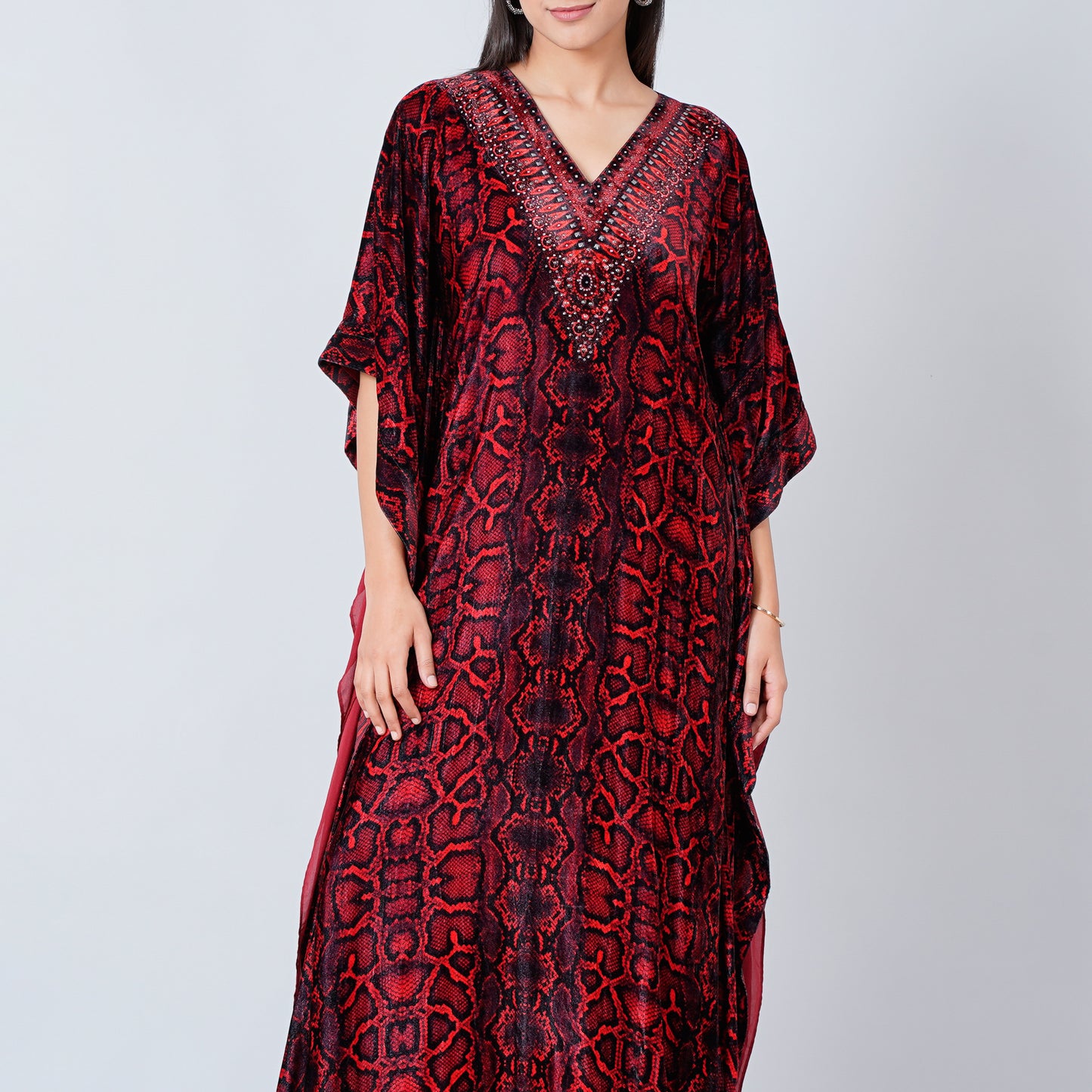 Red Animal Print Embellished Silk Velvet Full Length Kaftan