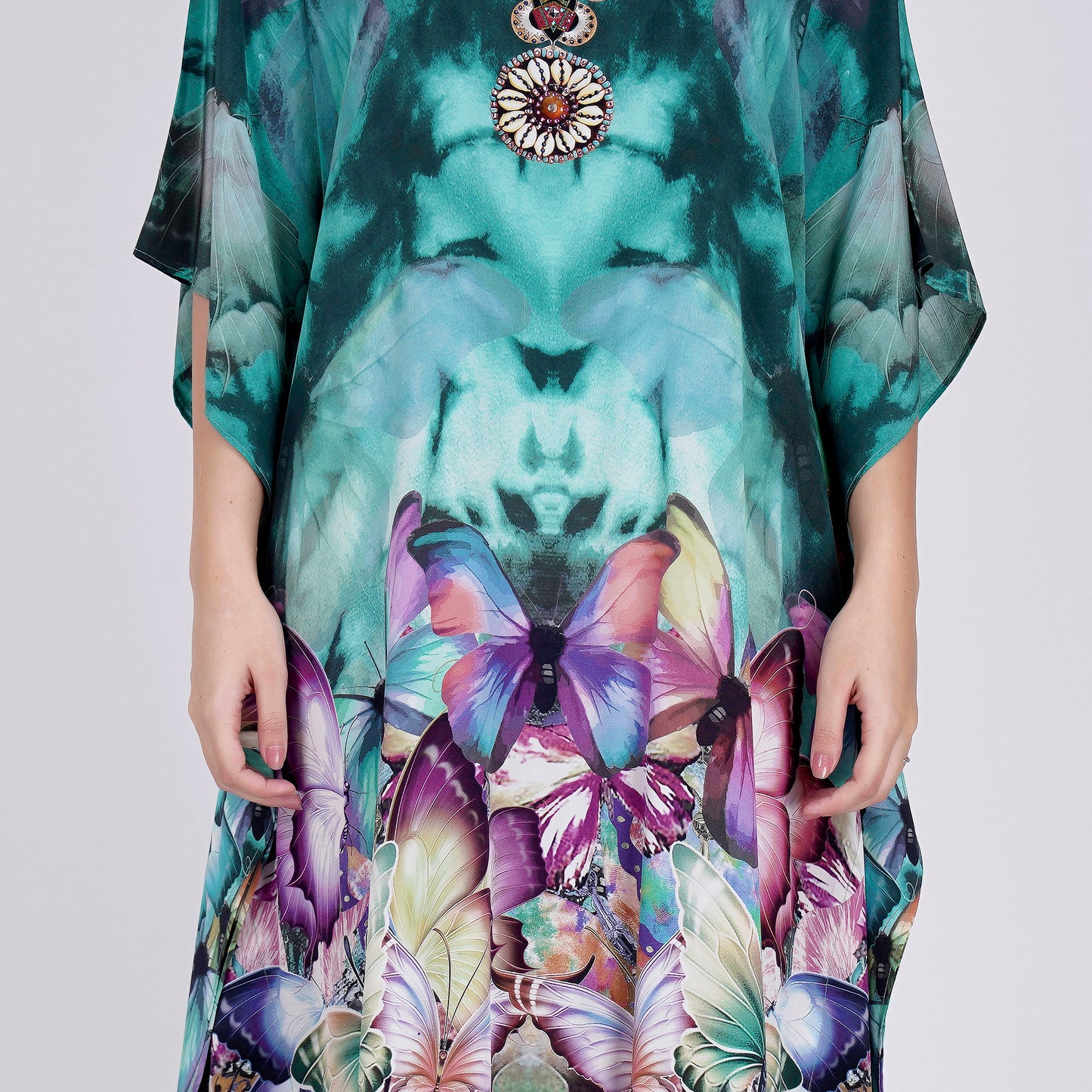 Multicoloured Embellished Silk Full Length Kaftan