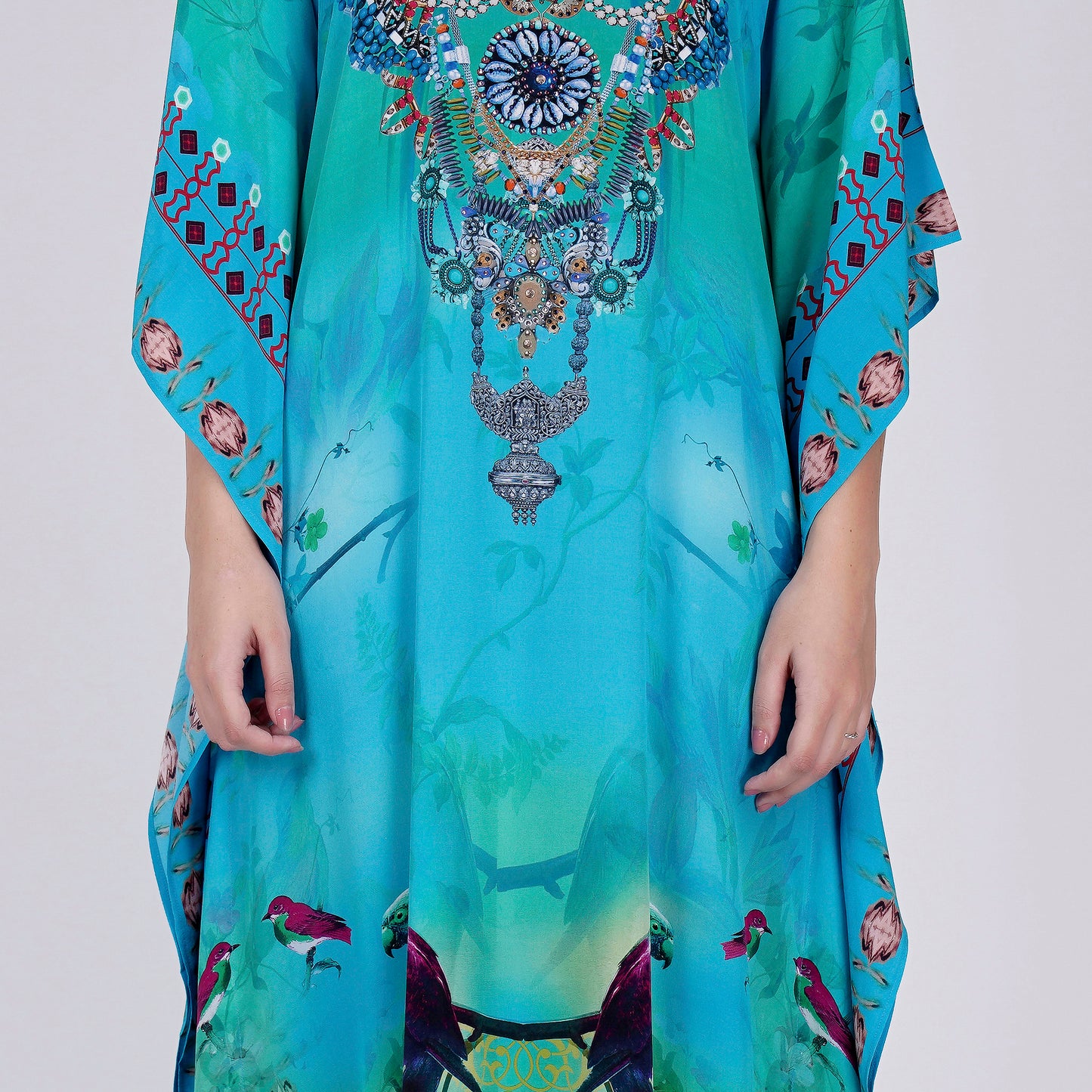 Blue Embellished Silk Full Length Kaftan