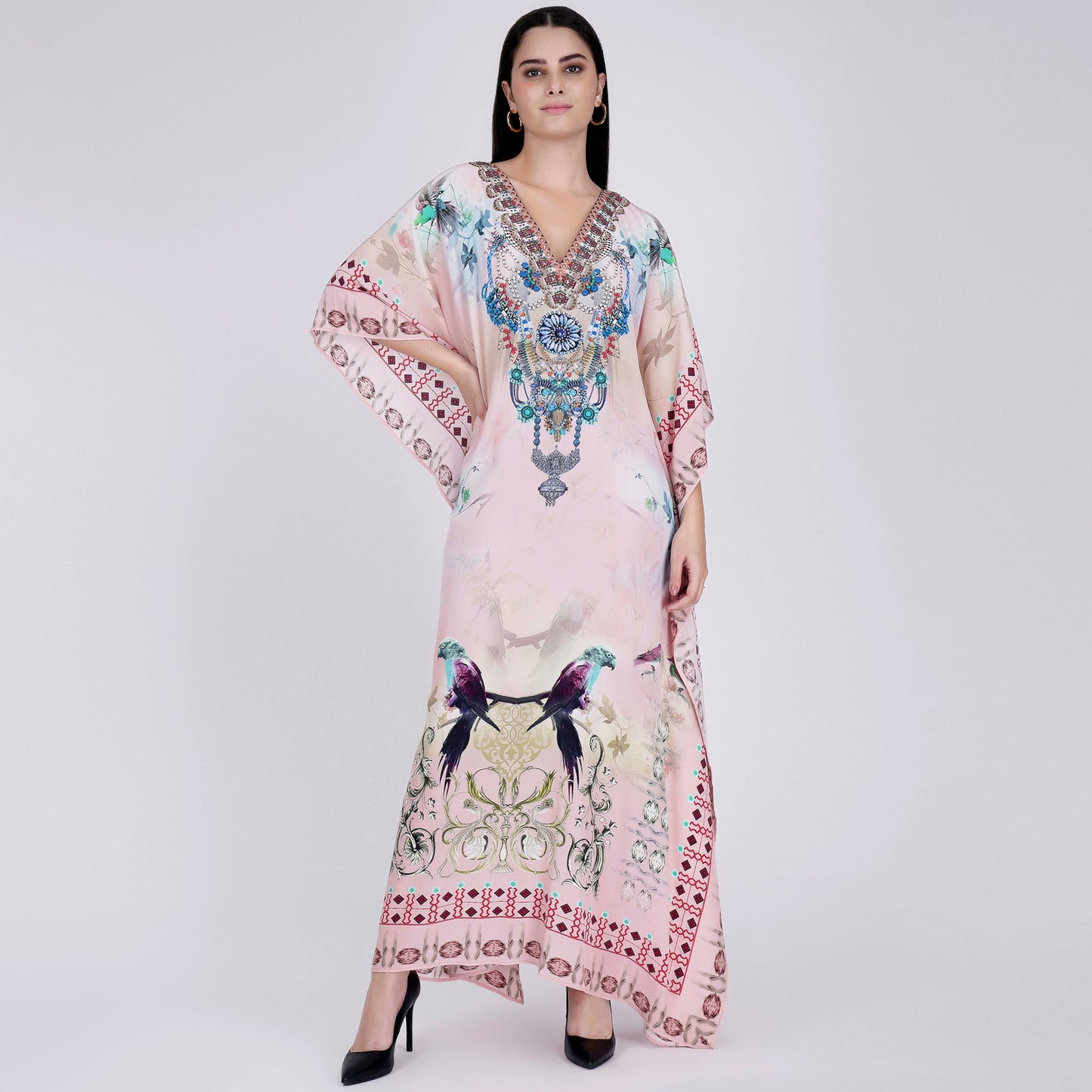 Pink Embellished Silk Full Length Kaftan