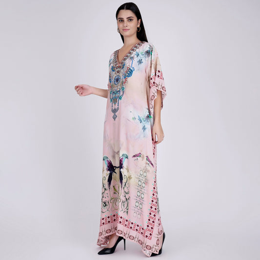Pink Embellished Silk Full Length Kaftan
