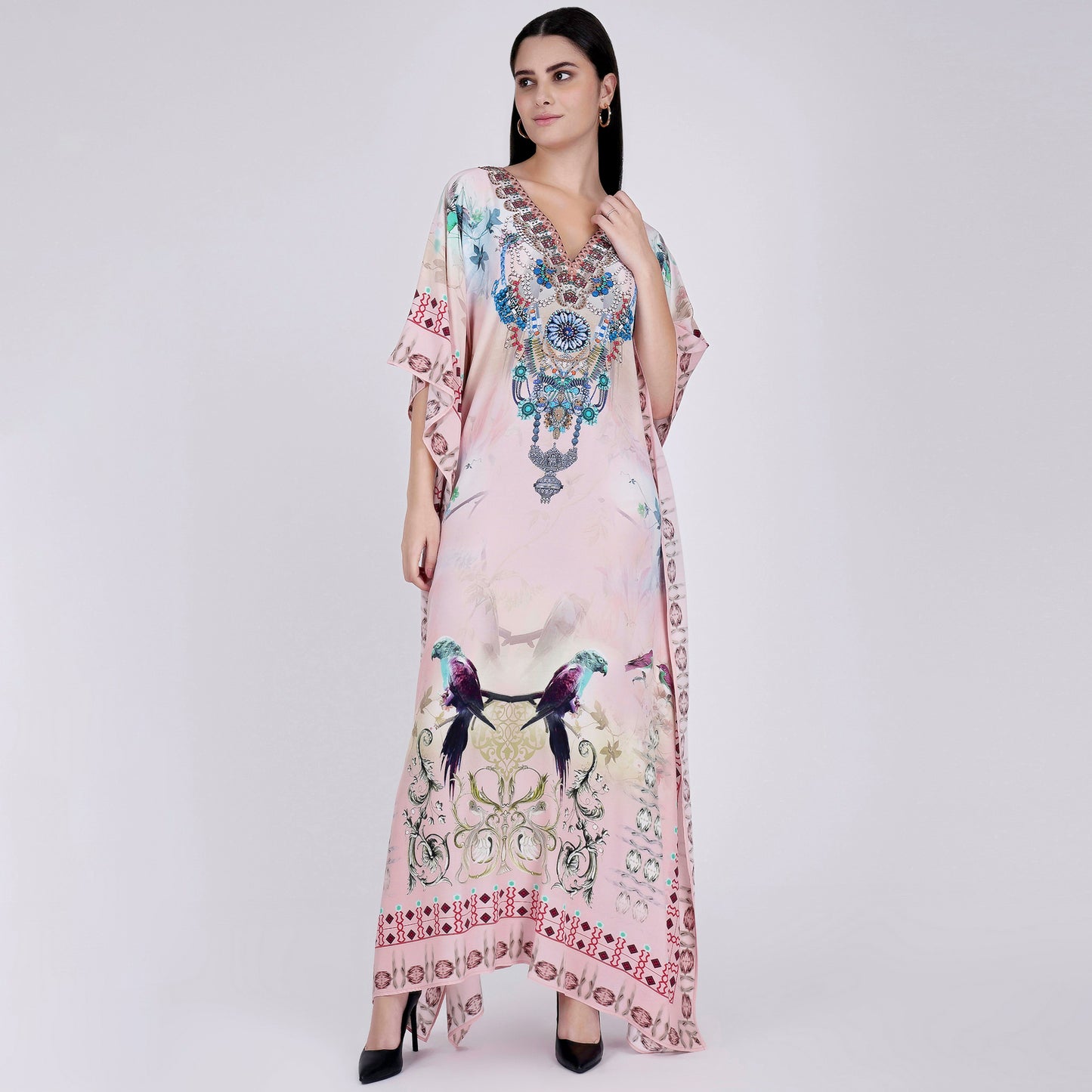 Pink Embellished Silk Full Length Kaftan