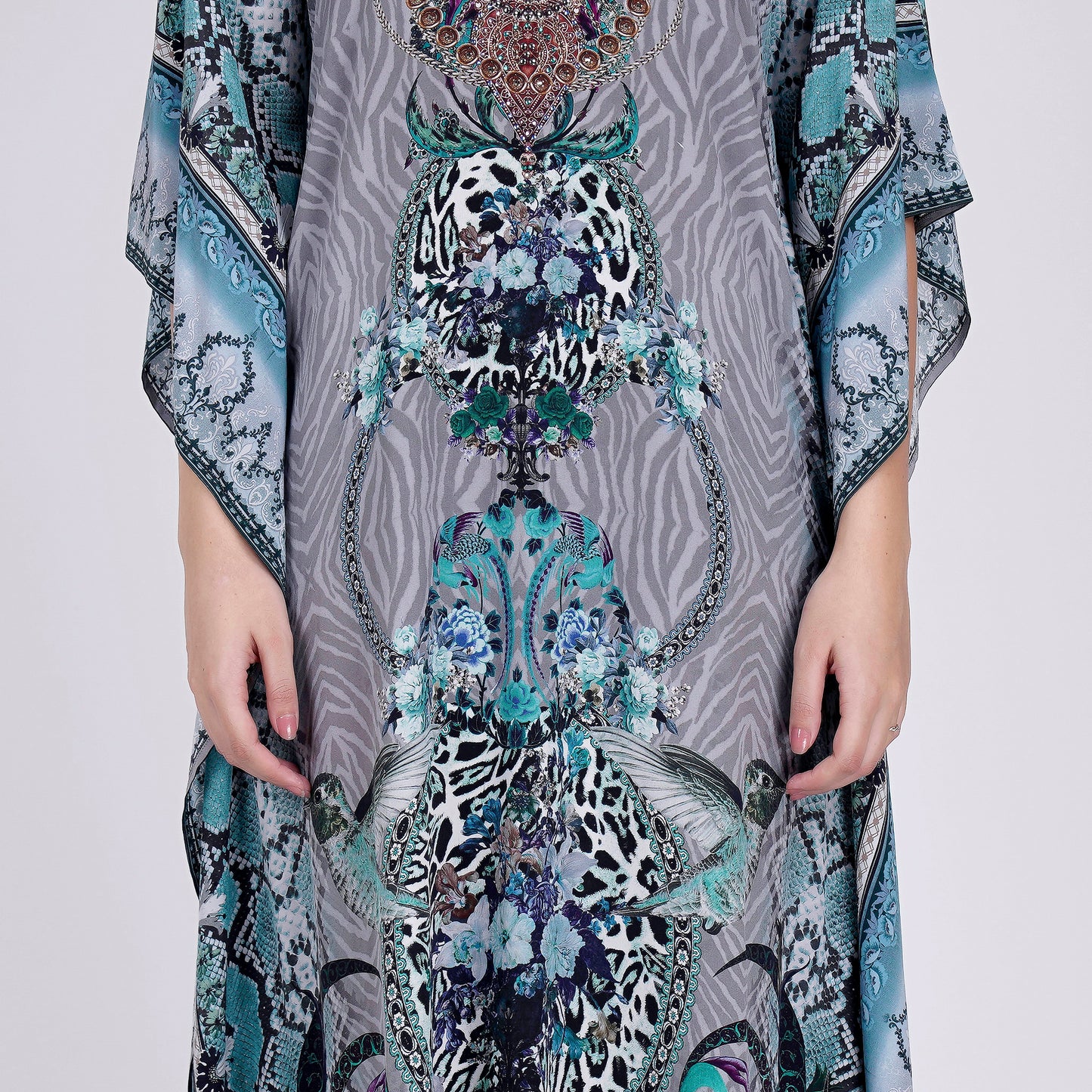 Grey and Blue Embellished Silk Full Length Kaftan