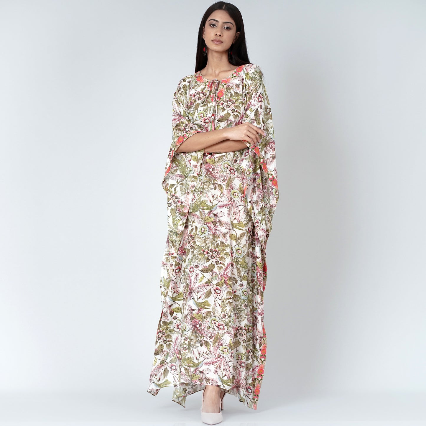 Green Floral Print Full Length Kaftan