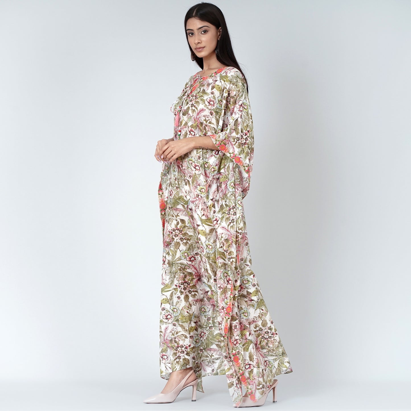 Green Floral Print Full Length Kaftan